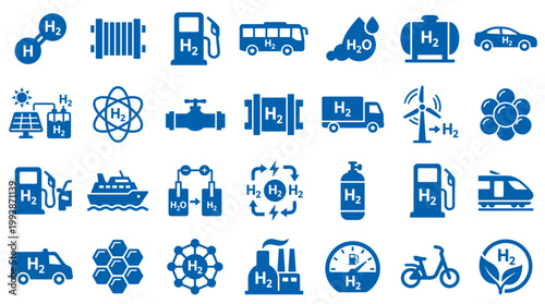 Hydrogen energy icons set for clean transportation industry and sustainable future technology concepts