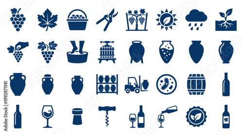 Collection of wine and vineyard icons representing the winemaking process from grape cultivation to bottling and storage for beverage industry and agriculture