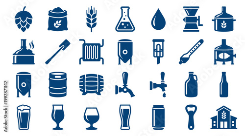 Brewing industry icons collection for craft beer production and beverage making with hops grains equipment and serving glasses