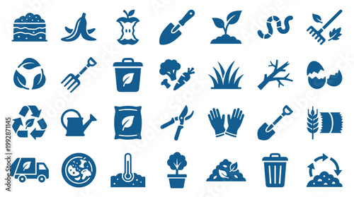 Collection of blue composting and gardening icons representing organic waste recycling, plant growth, and sustainable practices