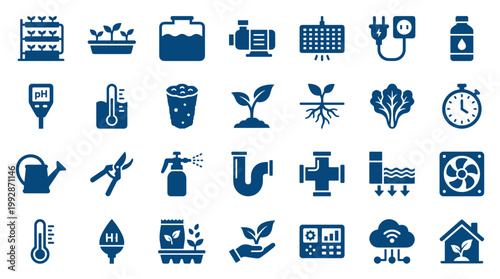 Modern hydroponic farming icons representing smart agriculture technology and sustainable plant cultivation for healthy food production
