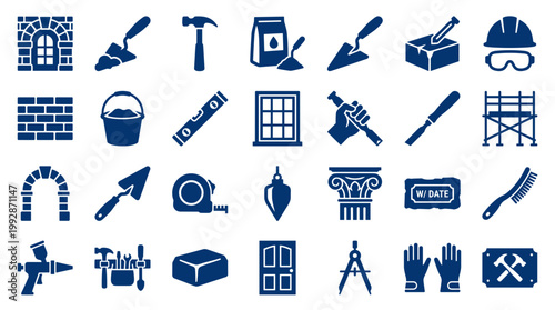 Construction and Renovation Tools and Materials Icons Set Blue Color Isolated on White Background Building Industry Elements Collection