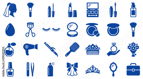 Collection of blue beauty and makeup icons representing cosmetic products and tools for personal care and style