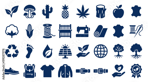 Sustainable living and eco friendly products icons collection representing nature, industry, and lifestyle choices