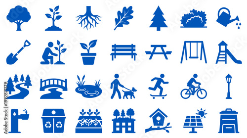 Collection of blue icons representing park elements nature activities and outdoor recreation for environmental design and urban planning concepts