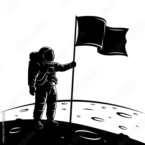 Astronaut planting flag on moon surface, space exploration, discovery, achievement, black and white silhouette