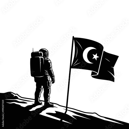 Astronaut plants flag on moon, space exploration, Turkish flag