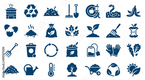 Composting and Recycling Icons Set for Sustainable Living and Organic Gardening