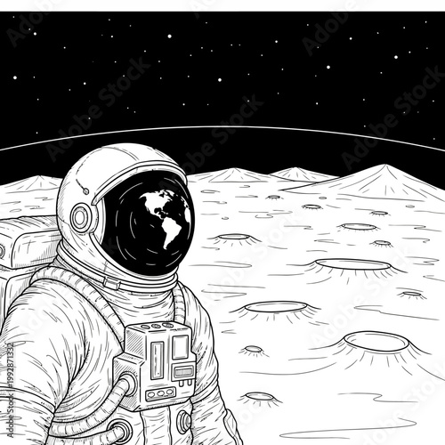 Astronaut Reflects Earth in Helmet on Moon Surface, Stars Above