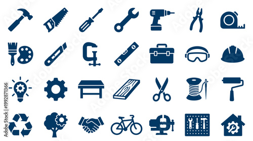 Collection of diverse workshop and DIY tools icons representing construction repair maintenance and creative projects in a clean blue color scheme