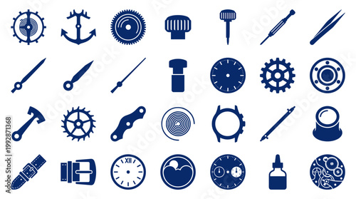 Collection of watchmaking tools and components, gears, hands, and watch faces, symbolizing precision engineering and craftsmanship in horology
