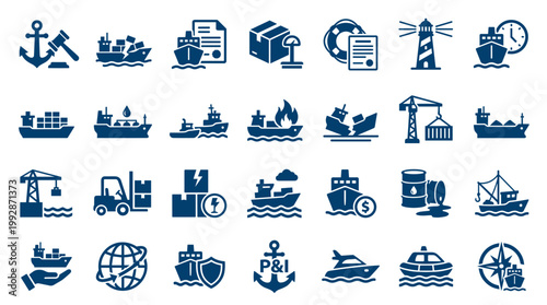 Collection of blue maritime and shipping industry icons representing logistics cargo transport and nautical services