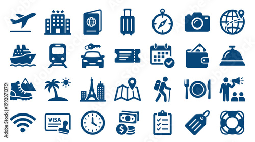 Collection of travel and vacation icons representing transportation accommodation activities and services for tourism planning and booking