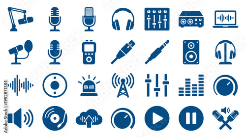 Collection of blue audio and sound recording equipment icons on a white background representing podcasting broadcasting and music production technology