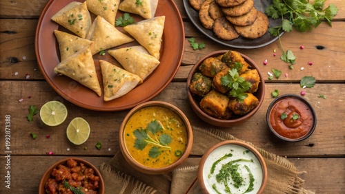 Traditional Indian food spread with samosas, dal soup, pakoras and dipping sauces on rustic wooden table. Top view. Asian cuisine and street food concept.