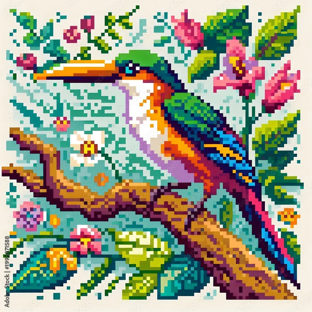 Fototapeta premium Tropical kingfisher bird pixel art illustration on tree branch