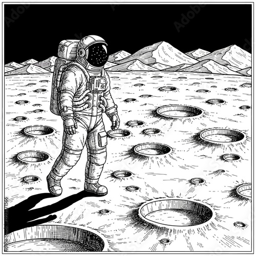 Astronaut walking on moon surface with craters and mountains in background, space exploration