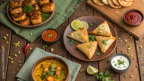 Traditional Indian food spread with samosas, dal soup, pakoras and dipping sauces on rustic wooden table. Top view. Asian cuisine and street food concept.