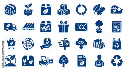 Eco friendly packaging and delivery icons set for sustainable business and environmental protection concepts