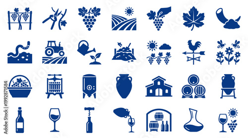 Viticulture icons set representing grape cultivation winemaking process and vineyard elements in blue color