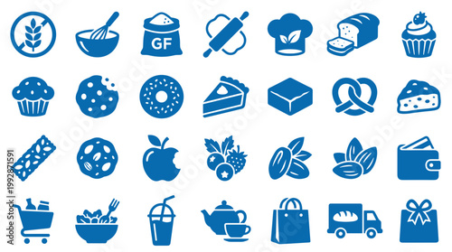 Collection of blue food and bakery icons representing healthy eating, baking, and grocery shopping for a balanced diet and lifestyle.