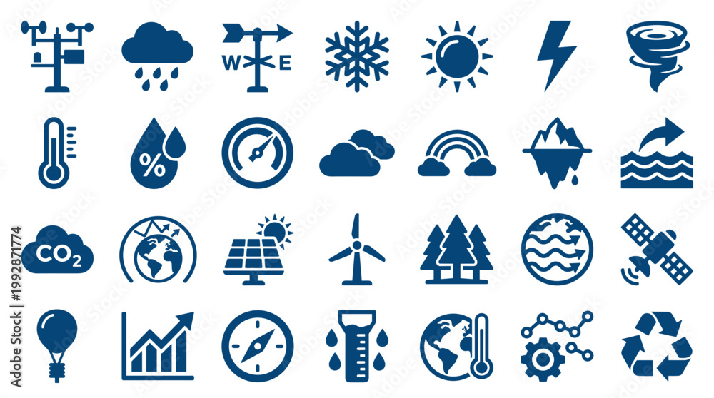 Fototapeta premium Collection of weather and climate icons representing meteorology environmental science technology and global warming concepts