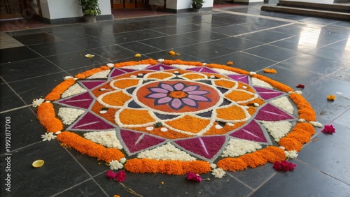 Beautiful traditional Indian rangoli made with colorful flower petals and powder on dark stone floor. Onam Pookalam floral mandala. Festival decoration concept.