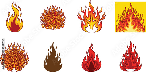 Collection of fire flame icons in different cartoon styles with blazing orange and red flames for heat, energy, danger and burning symbol designs
