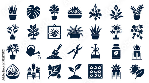 Collection of diverse houseplant icons and gardening tools symbolizing home greenery and plant care in a modern flat design style