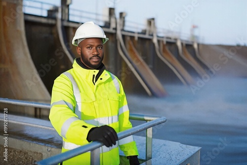 Flood response technician in protective gear at a waterside barrier