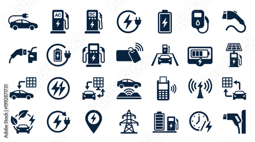 Electric vehicle charging icons and symbols representing sustainable transportation and renewable energy sources for eco friendly mobility