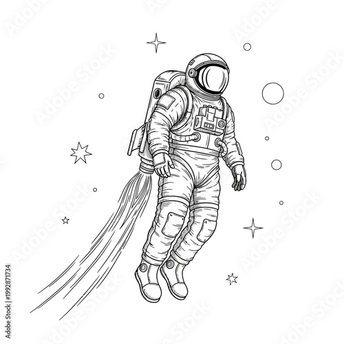 Astronaut with jetpack floating in space, stars and planets background, detailed illustration