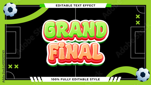 Grand Final Event Title Design with Vibrant 3D Text Effect, Set on a Playful Soccer Field Background, Perfect for Championship Game Promotions and Sports Announcements