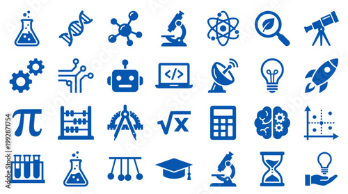 Collection of science and technology icons representing innovation research education and digital advancement