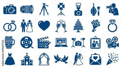 Valokuva Collection of wedding and photography icons representing celebration love marria