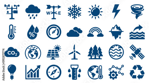 Collection of weather and climate icons representing meteorology environmental science technology and global warming concepts