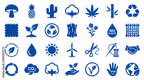 Sustainable Eco Friendly Icons Set Natural Materials Renewable Energy and Recycling Symbols for Green Business and Environmental Concepts