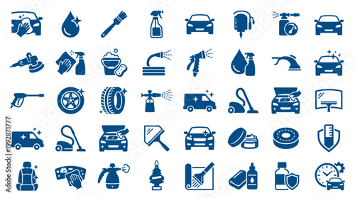 Comprehensive car wash and detailing icons set representing cleaning services and auto care products for professional detailing and vehicle maintenance
