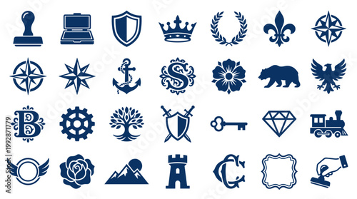 Collection of navy blue heraldic emblems and symbols representing business industry travel and nature concepts on white background