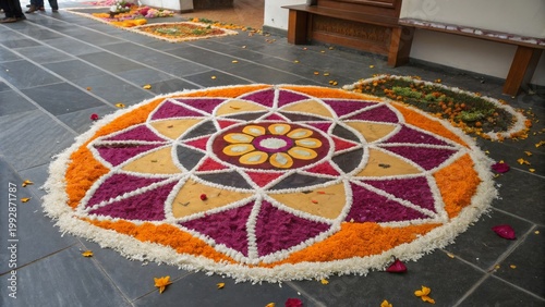 Beautiful traditional Indian rangoli made with colorful flower petals and powder on dark stone floor. Onam Pookalam floral mandala. Festival decoration concept.