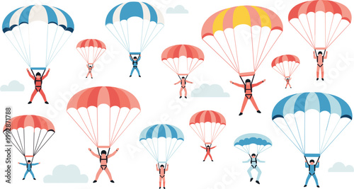 Colorful Parachuting and Skydiving Vector Set Featuring Diverse People Gliding with Open Parachutes in the Sky for Extreme Sports and Adventure Designs