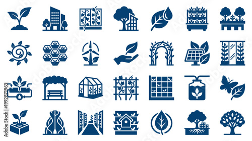 Collection of eco friendly agriculture and sustainable farming icons representing green technology and nature conservation for environmental awareness