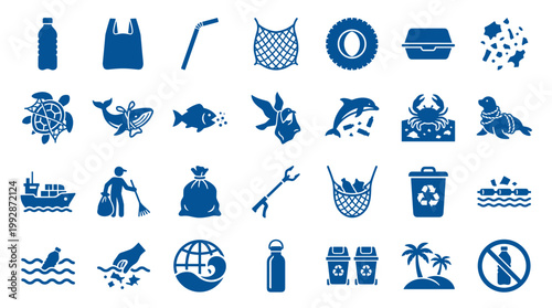 Collection of blue icons illustrating environmental pollution and conservation efforts including plastic waste marine life and cleanup actions