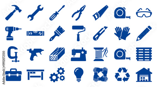 Collection of blue DIY and crafting tools and equipment icons representing repair construction and creative projects on a white background