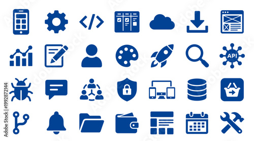 Collection of modern flat design icons representing technology business development and digital services on a white background