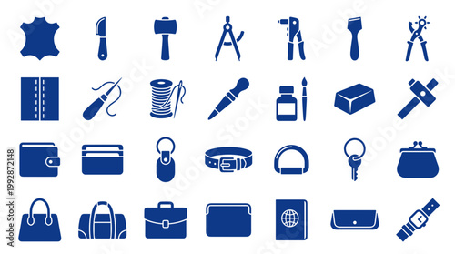 Leather Craft Tools and Accessories Collection Icons Set Blue Silhouette Vector Graphic Design Elements