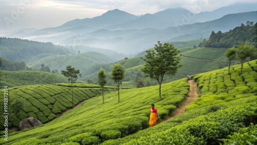 Lush green tea fields on rolling hills with Indian woman in colorful sari. Misty mountain backdrop. Munnar Kerala tea estate scenic landscape photo.