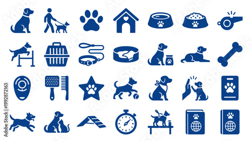 Collection of blue dog icons and symbols representing pet care training and activities on a white background