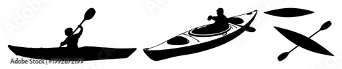 Kayak set with single black silhouette on white background featuring water sports, outdoor activity, recreation with silhouette illustration and vector graphic