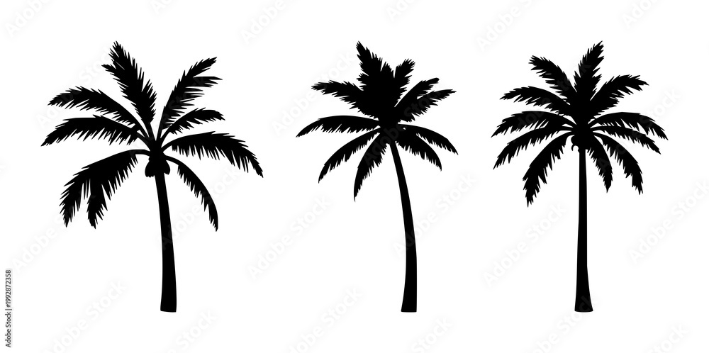 Fototapeta premium Resort palm tree set with solid black icon on white background featuring tropical, minimalist, vector design with flora and nature